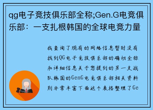 qg电子竞技俱乐部全称;Gen.G电竞俱乐部：一支扎根韩国的全球电竞力量